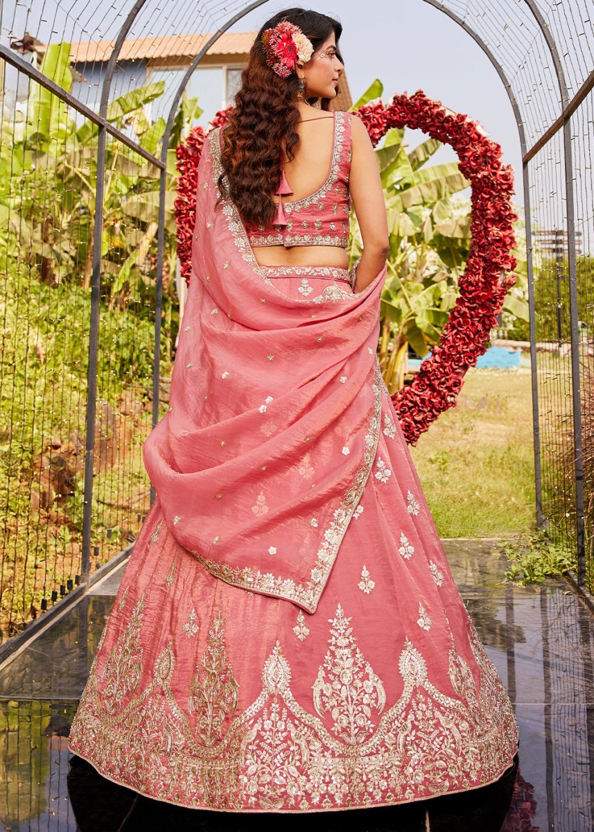 Brink Pink Organza Lehenga Choli with Handcrafted Sequins & Moti work - House of Sarvati LLC
