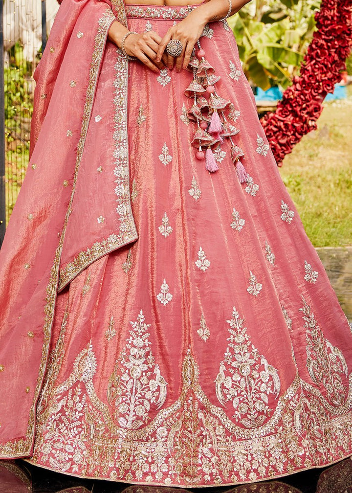 Brink Pink Organza Lehenga Choli with Handcrafted Sequins & Moti work - House of Sarvati LLC
