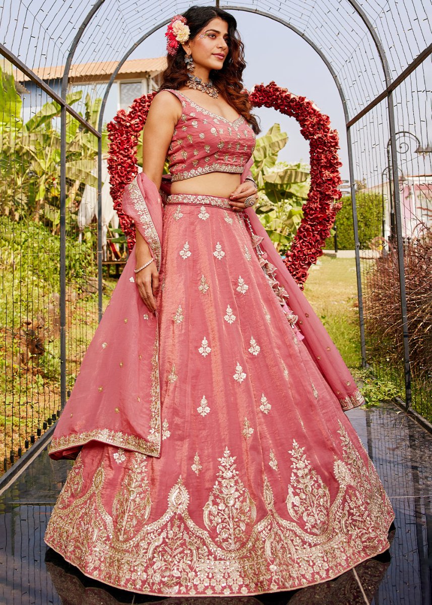 Brink Pink Organza Lehenga Choli with Handcrafted Sequins & Moti work - House of Sarvati LLC