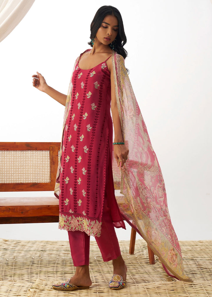 Brink Pink Organza Salwar Suit with Floral Embroidery work - House of Sarvati LLC