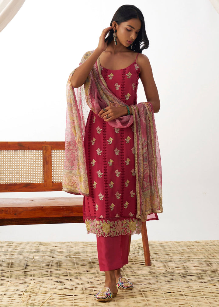 Brink Pink Organza Salwar Suit with Floral Embroidery work - House of Sarvati LLC