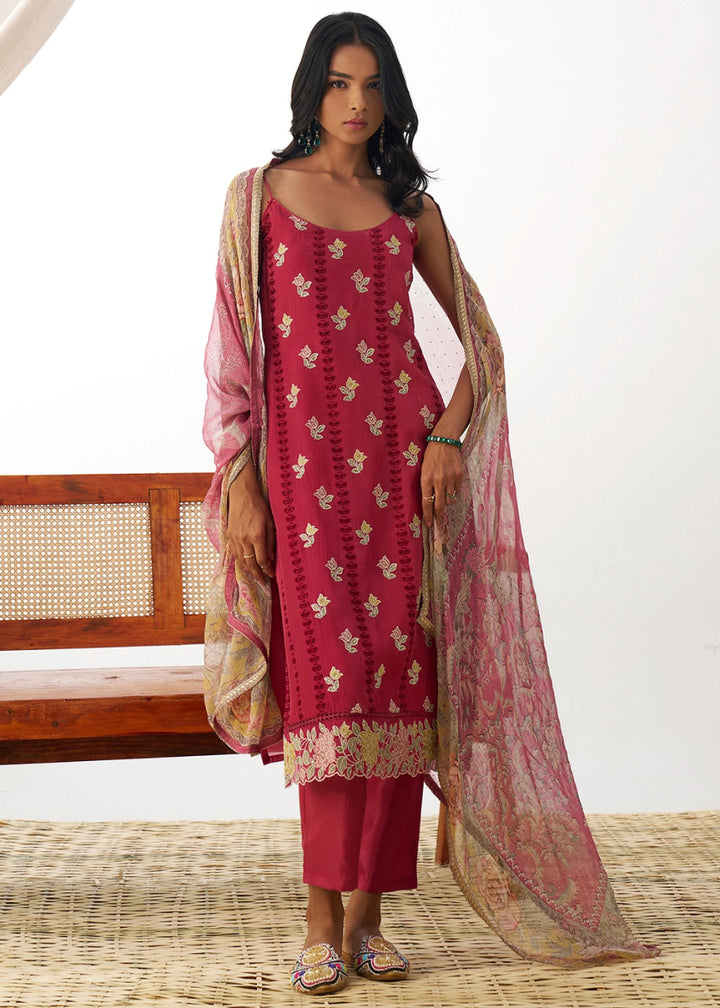 Brink Pink Organza Salwar Suit with Floral Embroidery work - House of Sarvati LLC