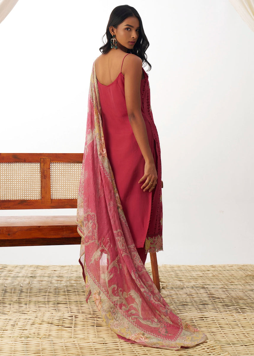 Brink Pink Organza Salwar Suit with Floral Embroidery work - House of Sarvati LLC