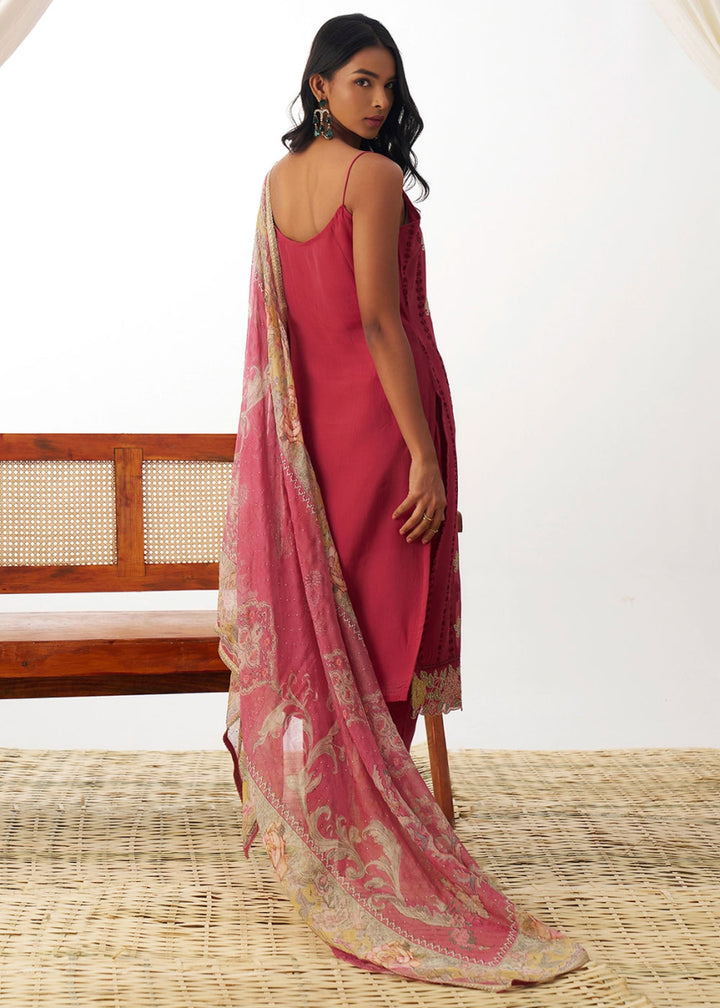 Brink Pink Organza Salwar Suit with Floral Embroidery work - House of Sarvati LLC