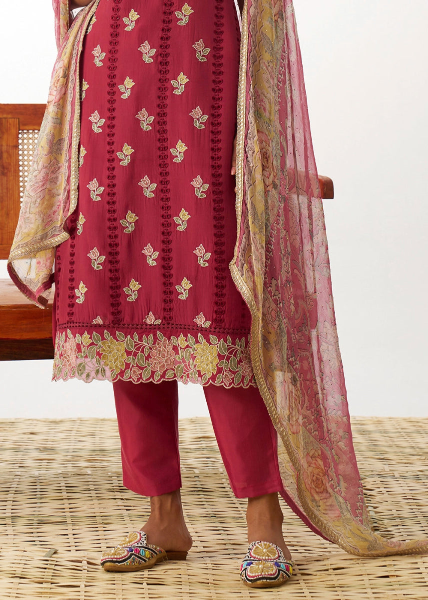 Brink Pink Organza Salwar Suit with Floral Embroidery work - House of Sarvati LLC