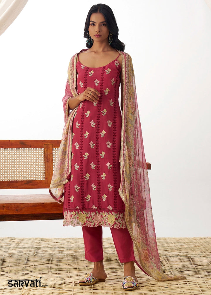 Brink Pink Organza Salwar Suit with Floral Embroidery work - House of Sarvati LLC