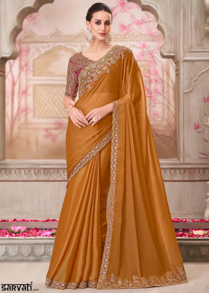 Bronze Brown Chiffon Silk Saree With Detailed Embroidery And Luxe Appeal - House of Sarvati LLC