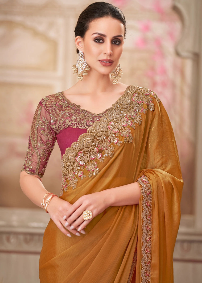Bronze Brown Chiffon Silk Saree With Detailed Embroidery And Luxe Appeal - House of Sarvati LLC