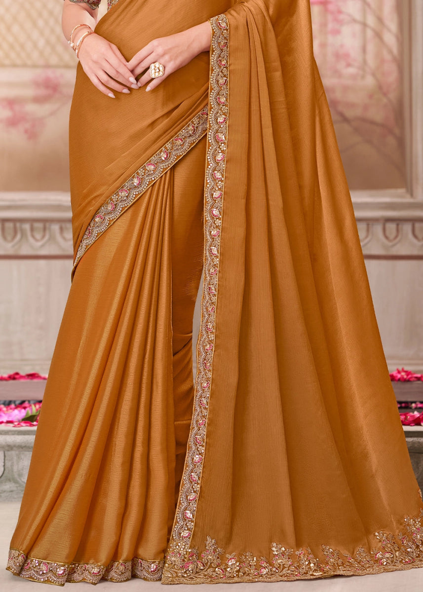 Bronze Brown Chiffon Silk Saree With Detailed Embroidery And Luxe Appeal - House of Sarvati LLC