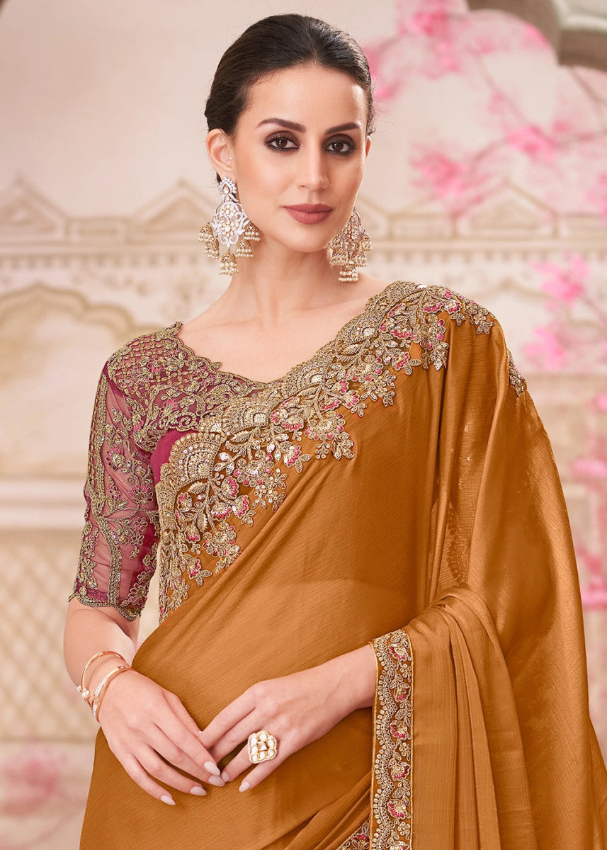 Bronze Brown Chiffon Silk Saree With Detailed Embroidery And Luxe Appeal - House of Sarvati LLC