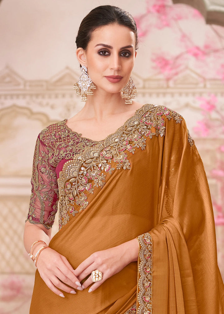 Bronze Brown Chiffon Silk Saree With Detailed Embroidery And Luxe Appeal - House of Sarvati LLC