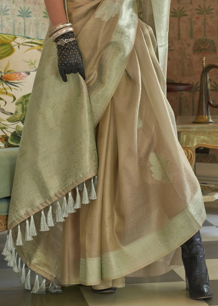 Brown - Green Dual Shade Handwoven Tissue Silk Saree with Zari Accents - House of Sarvati LLC