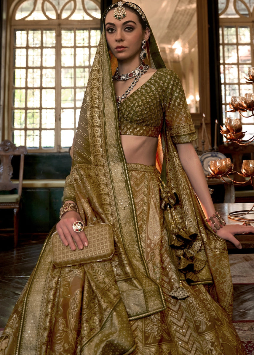 Brown & Green Embellished Rajwadi Silk Lehenga Choli with Aari Mirror Work - House of Sarvati LLC