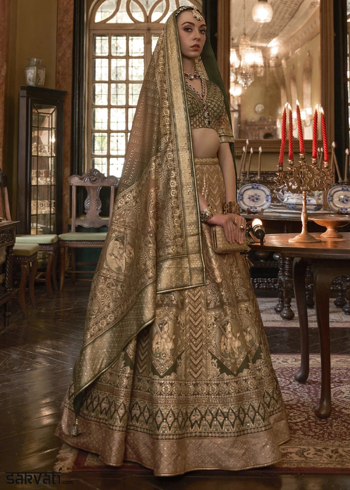 Brown & Green Embellished Rajwadi Silk Lehenga Choli with Aari Mirror Work - House of Sarvati LLC