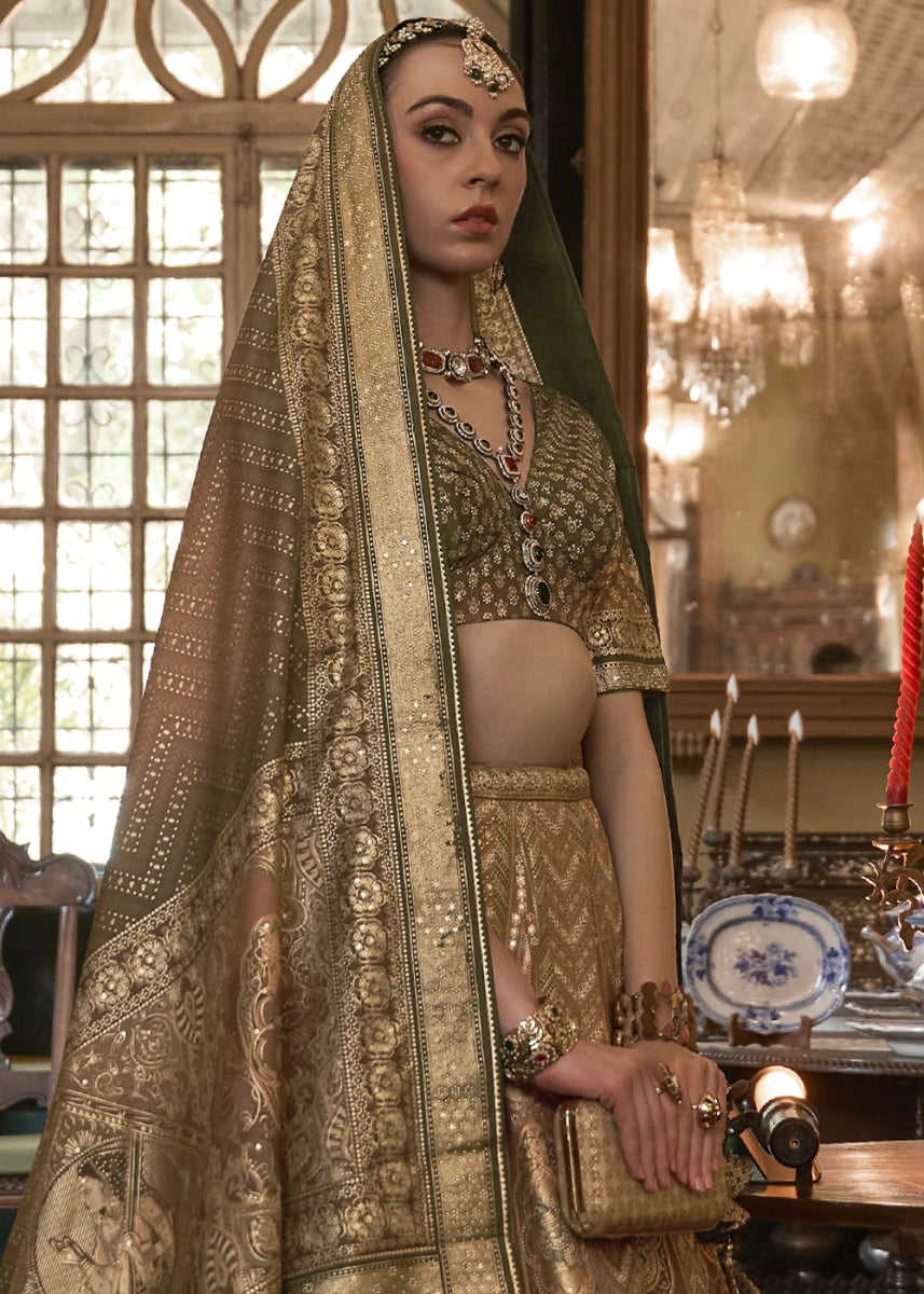 Brown & Green Embellished Rajwadi Silk Lehenga Choli with Aari Mirror Work - House of Sarvati LLC