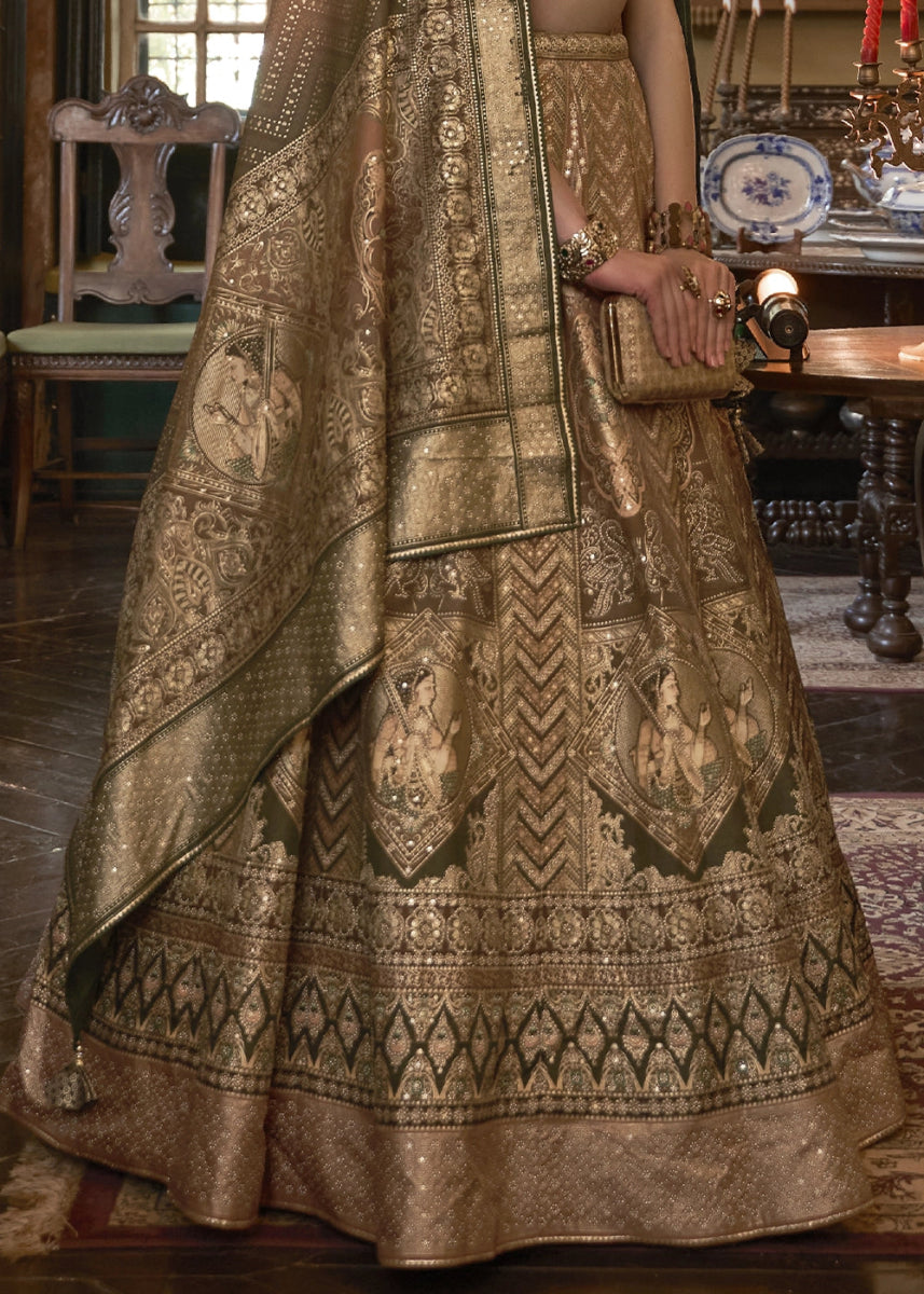Brown & Green Embellished Rajwadi Silk Lehenga Choli with Aari Mirror Work - House of Sarvati LLC