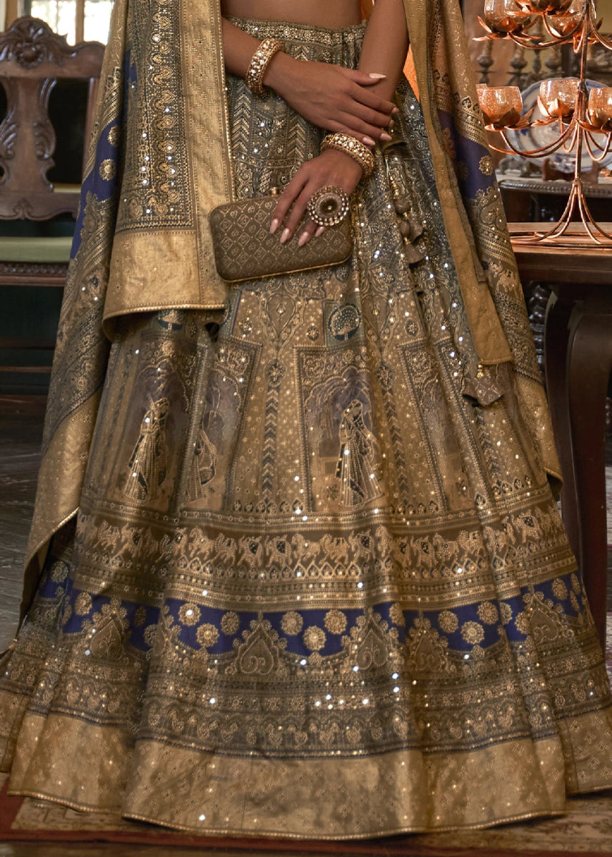 Brown & Grey Embellished Rajwadi Silk Lehenga Choli with Aari Mirror Work - House of Sarvati LLC