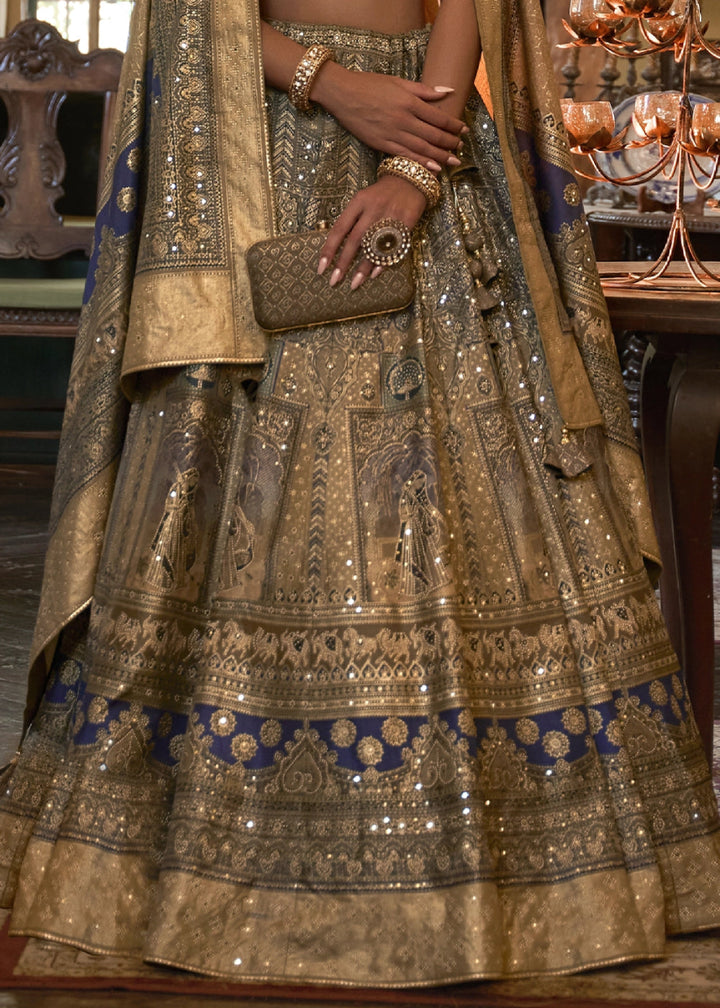 Brown & Grey Embellished Rajwadi Silk Lehenga Choli with Aari Mirror Work - House of Sarvati LLC