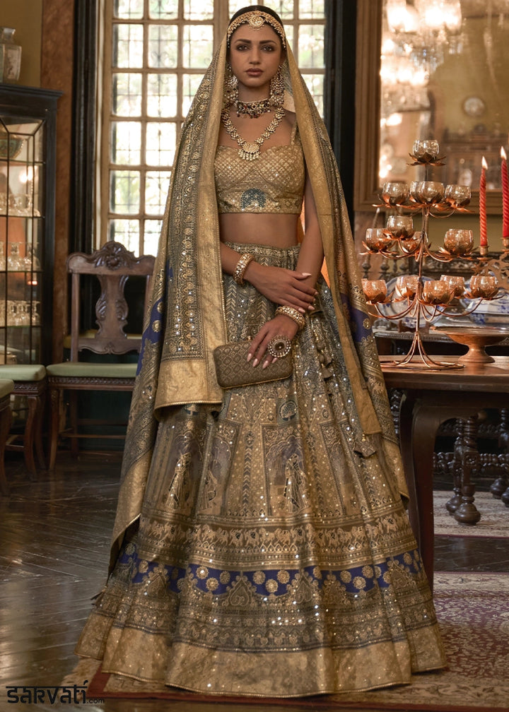 Brown & Grey Embellished Rajwadi Silk Lehenga Choli with Aari Mirror Work - House of Sarvati LLC
