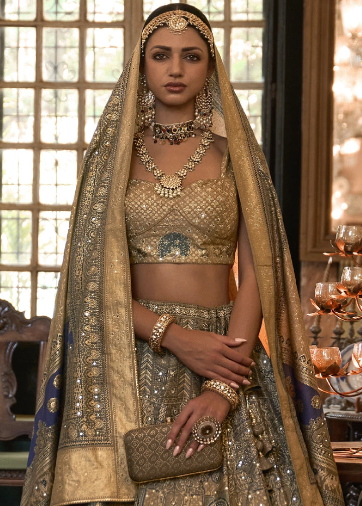 Brown & Grey Embellished Rajwadi Silk Lehenga Choli with Aari Mirror Work - House of Sarvati LLC