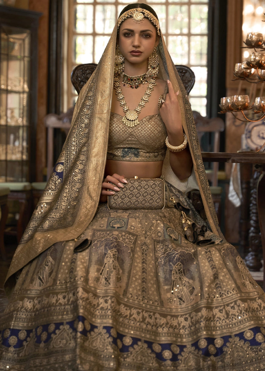 Brown & Grey Embellished Rajwadi Silk Lehenga Choli with Aari Mirror Work - House of Sarvati LLC