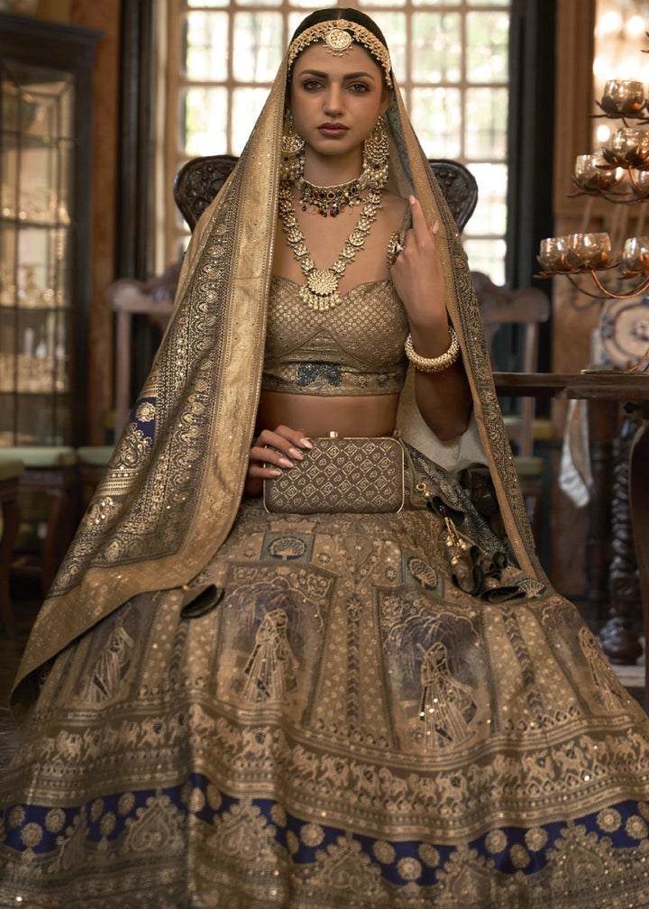 Brown & Grey Embellished Rajwadi Silk Lehenga Choli with Aari Mirror Work - House of Sarvati LLC