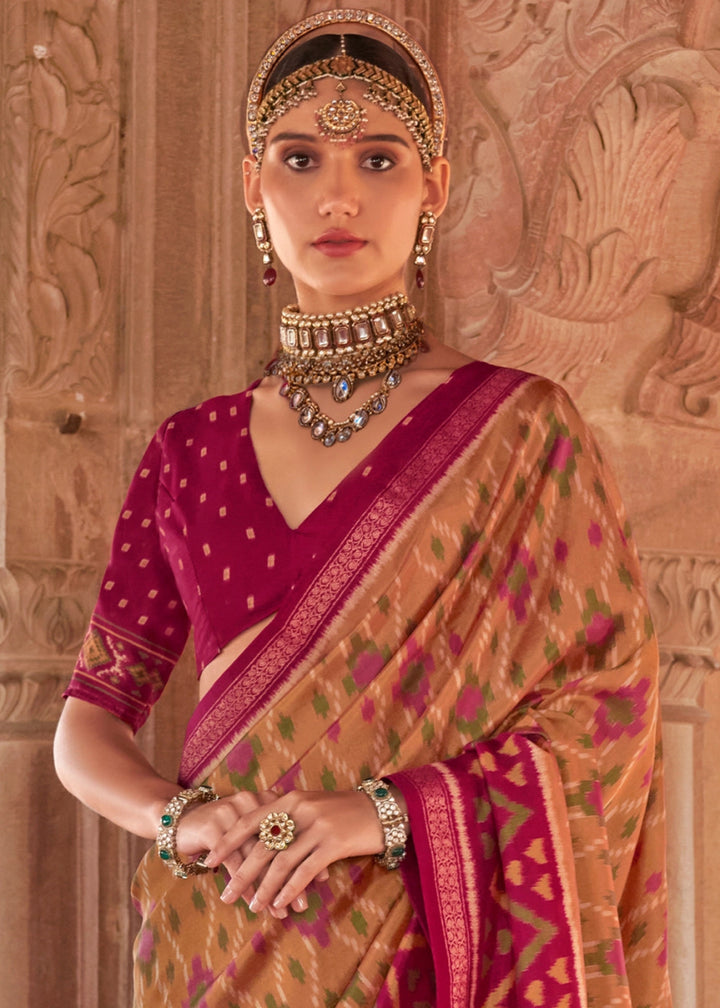 Brown & Pink Georgette Silk Saree with Ethnic Patola Print - House of Sarvati LLC