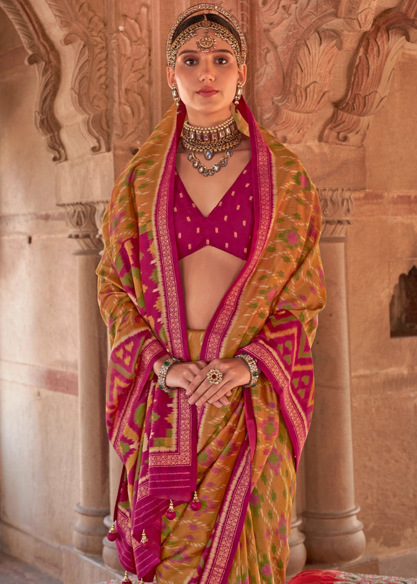Brown & Pink Georgette Silk Saree with Ethnic Patola Print - House of Sarvati LLC