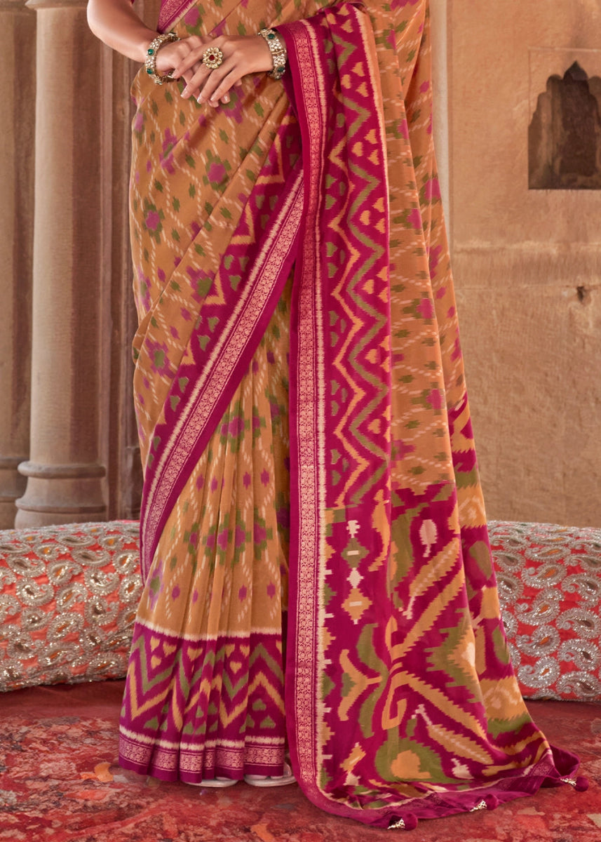 Brown & Pink Georgette Silk Saree with Ethnic Patola Print - House of Sarvati LLC