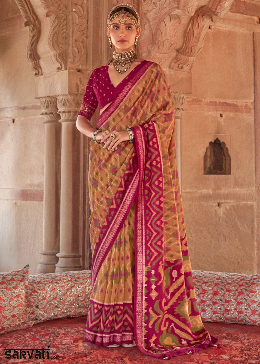 Brown & Pink Georgette Silk Saree with Ethnic Patola Print - House of Sarvati LLC