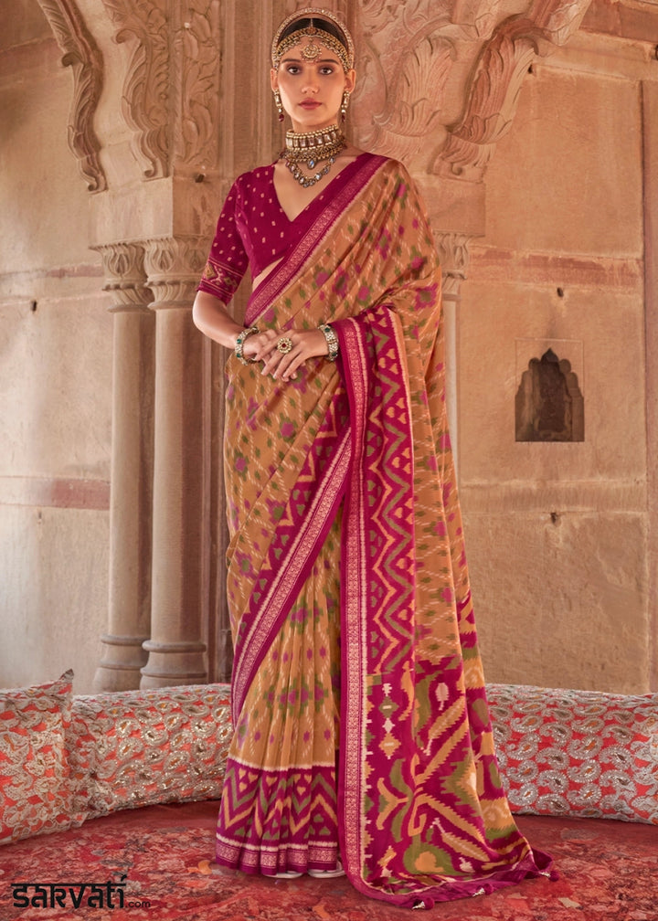 Brown & Pink Georgette Silk Saree with Ethnic Patola Print - House of Sarvati LLC