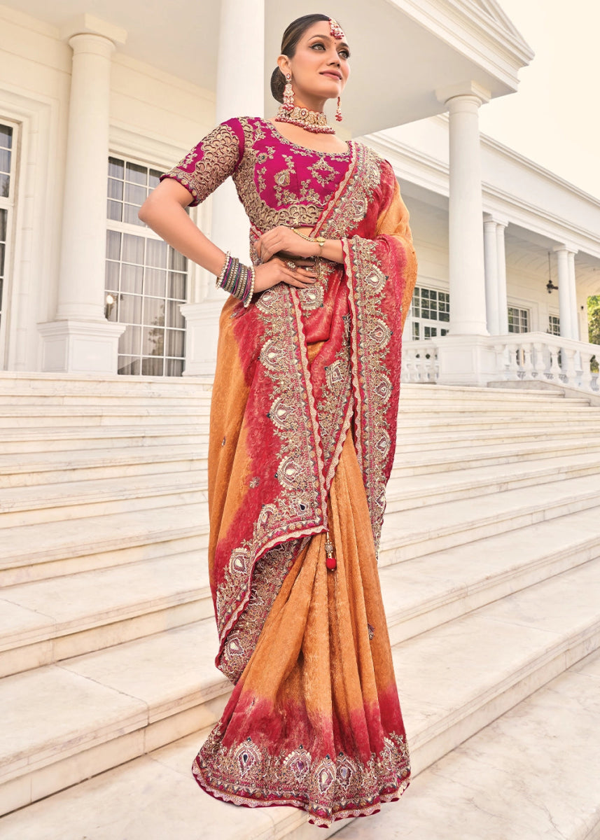 Brown & Pink Jacquard Crepe Silk Saree with Intricate Zari, Moti & Cut - Dana Mirror Detailing - House of Sarvati LLC