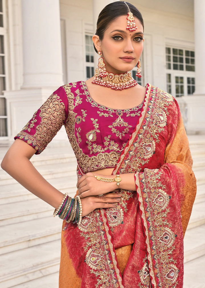Brown & Pink Jacquard Crepe Silk Saree with Intricate Zari, Moti & Cut - Dana Mirror Detailing - House of Sarvati LLC