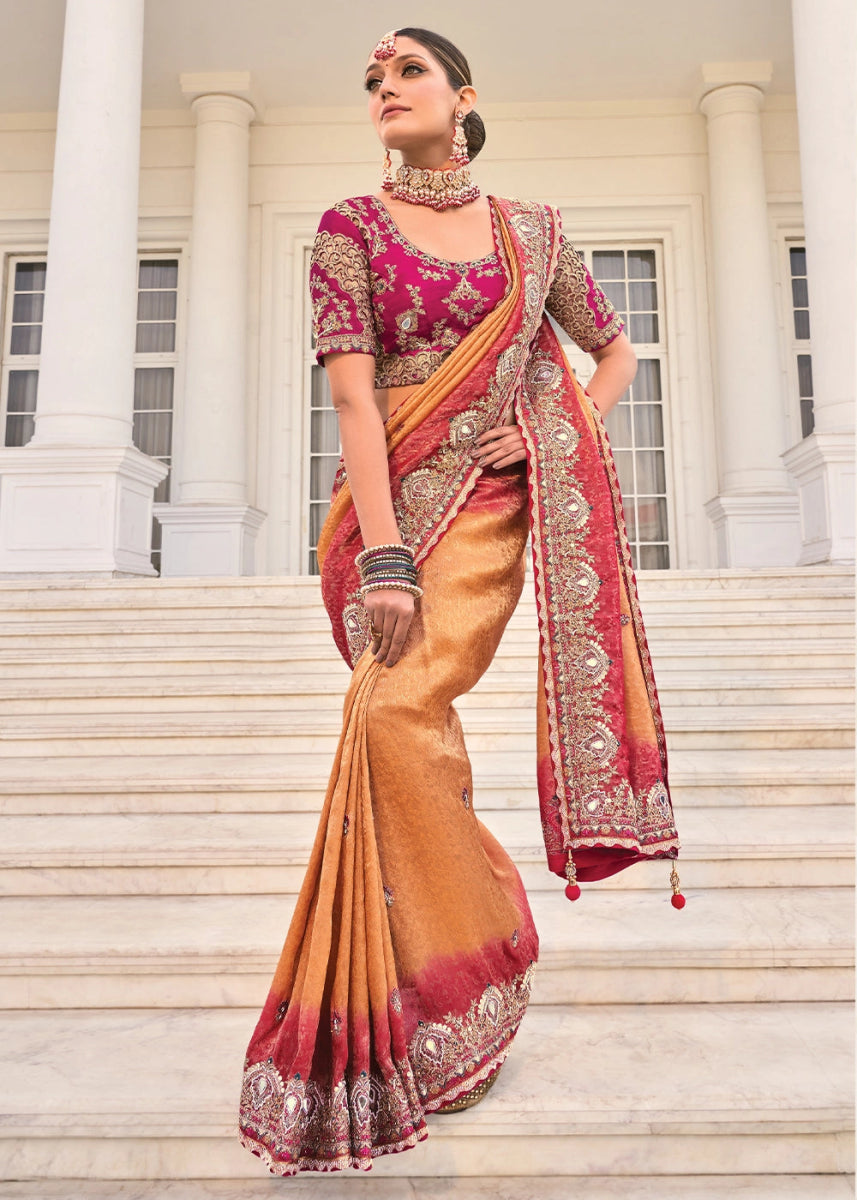Brown & Pink Jacquard Crepe Silk Saree with Intricate Zari, Moti & Cut - Dana Mirror Detailing - House of Sarvati LLC