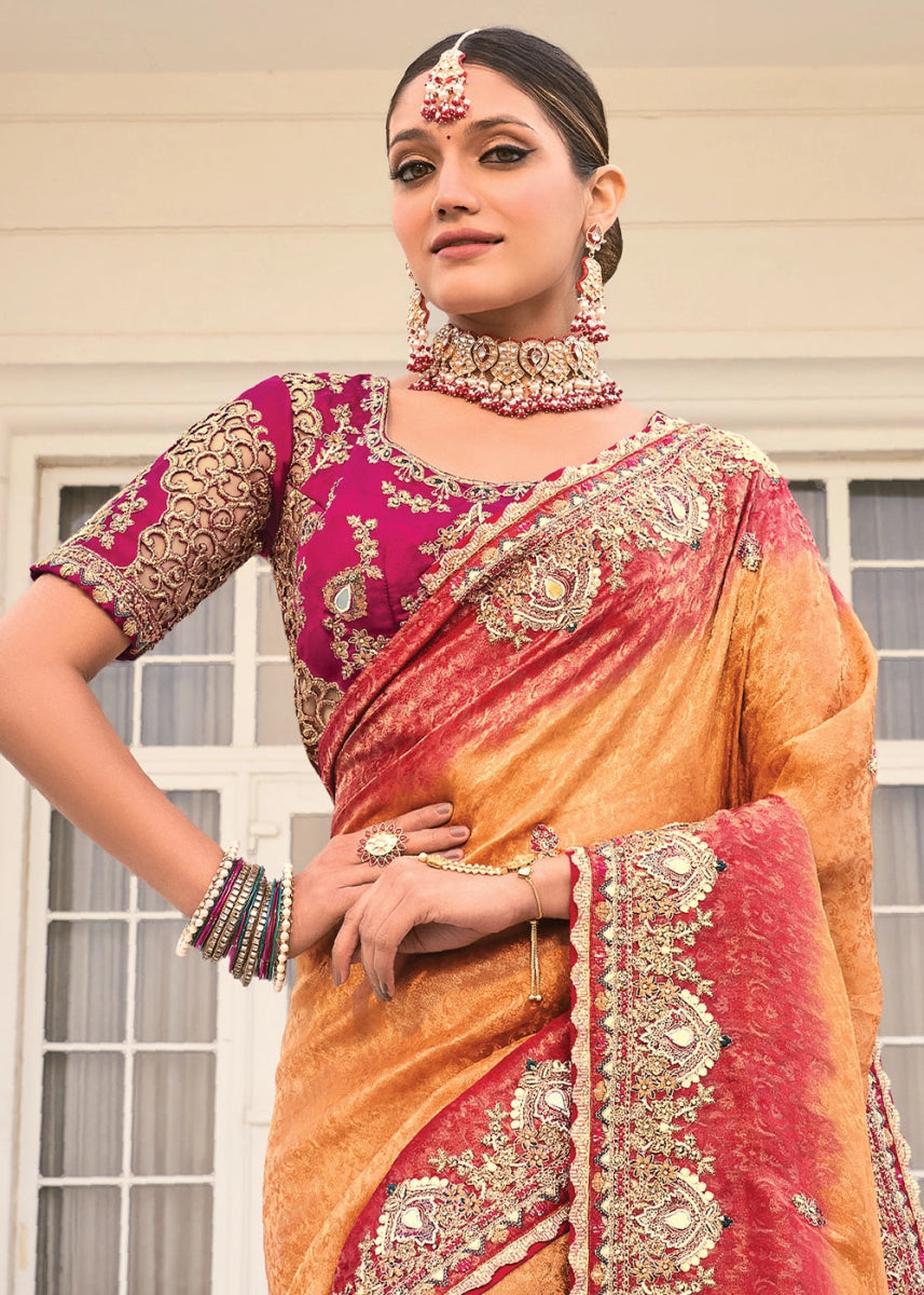 Brown & Pink Jacquard Crepe Silk Saree with Intricate Zari, Moti & Cut - Dana Mirror Detailing - House of Sarvati LLC