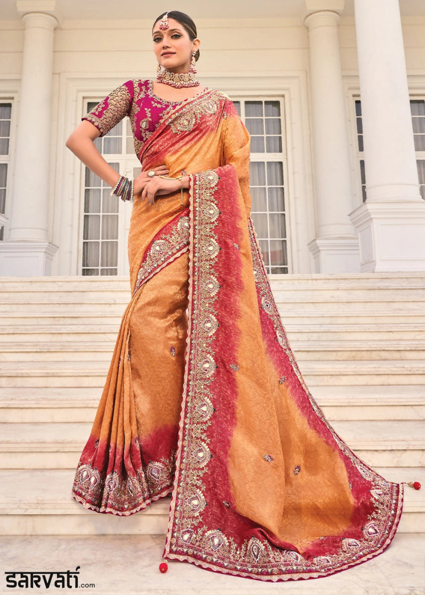 Brown & Pink Jacquard Crepe Silk Saree with Intricate Zari, Moti & Cut - Dana Mirror Detailing - House of Sarvati LLC