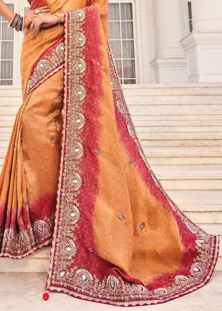 Brown & Pink Jacquard Crepe Silk Saree with Intricate Zari, Moti & Cut - Dana Mirror Detailing - House of Sarvati LLC