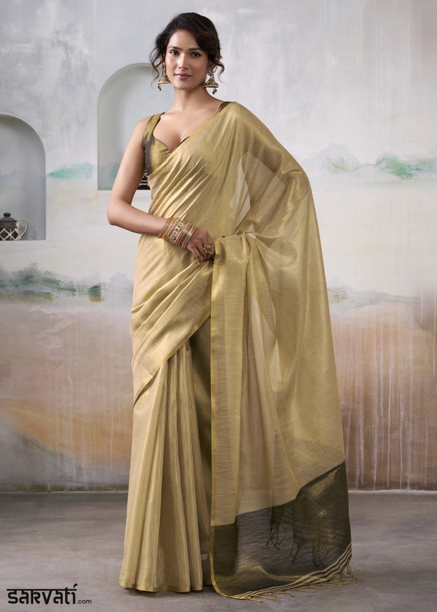 Brown Toned Tissue Silk Saree with Elegant Contrast Blouse Combination - House of Sarvati LLC