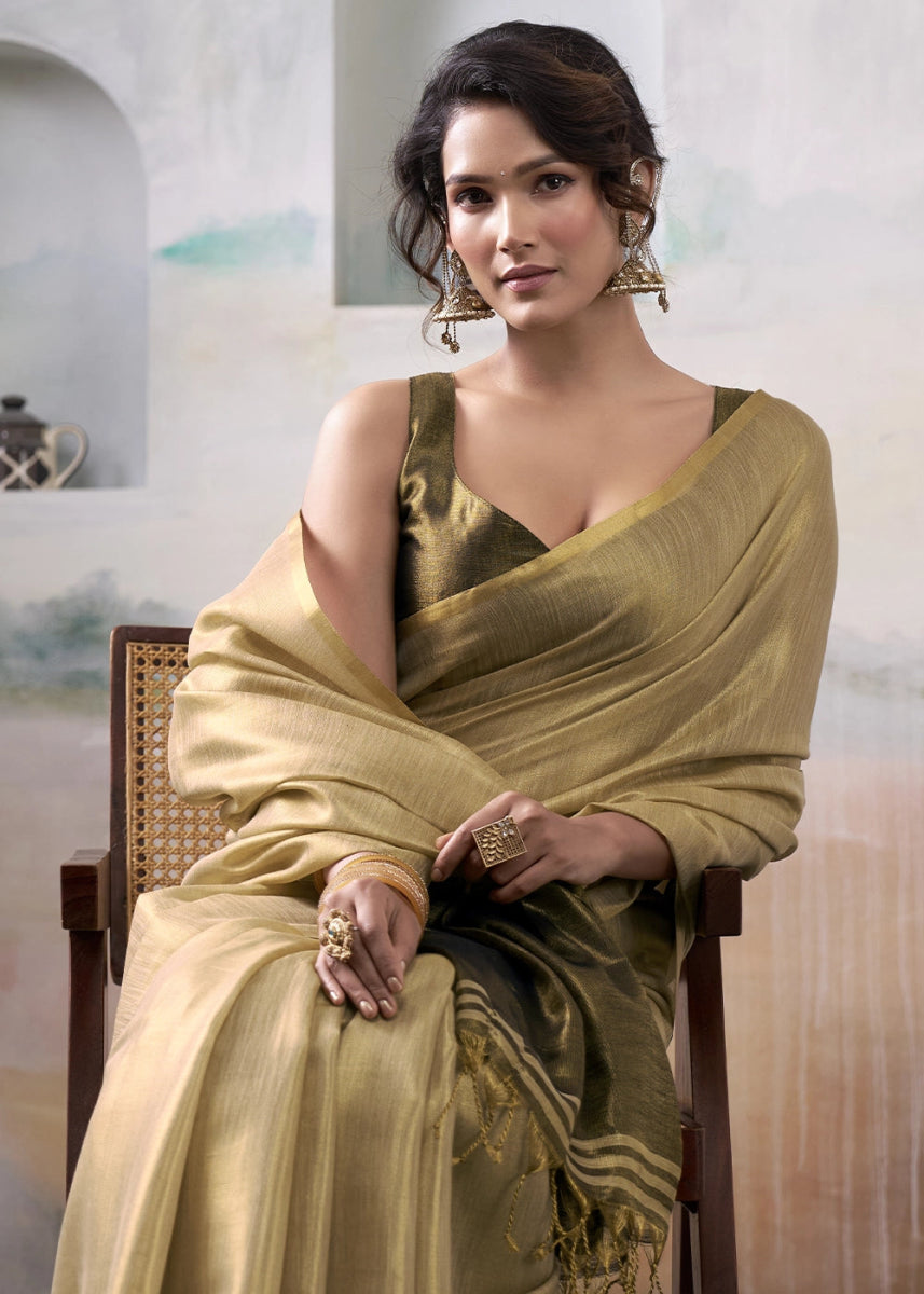 Brown Toned Tissue Silk Saree with Elegant Contrast Blouse Combination - House of Sarvati LLC