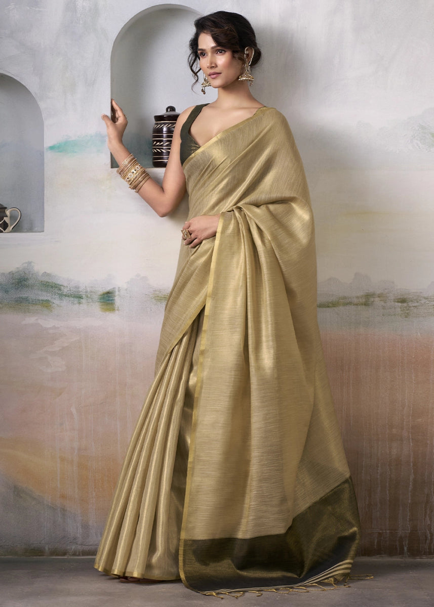Brown Toned Tissue Silk Saree with Elegant Contrast Blouse Combination - House of Sarvati LLC