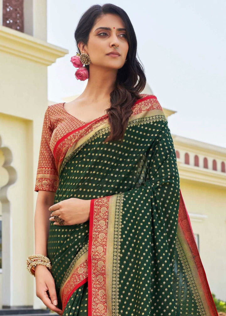 Brunswick Green Georgette Silk Saree with Ornate Zari Border & Pallu - House of Sarvati LLC
