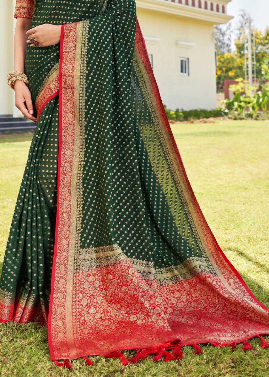 Brunswick Green Georgette Silk Saree with Ornate Zari Border & Pallu - House of Sarvati LLC