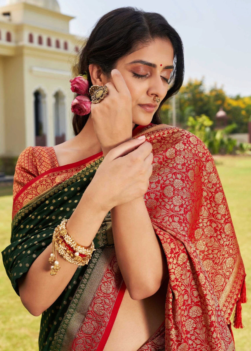 Brunswick Green Georgette Silk Saree with Ornate Zari Border & Pallu - House of Sarvati LLC