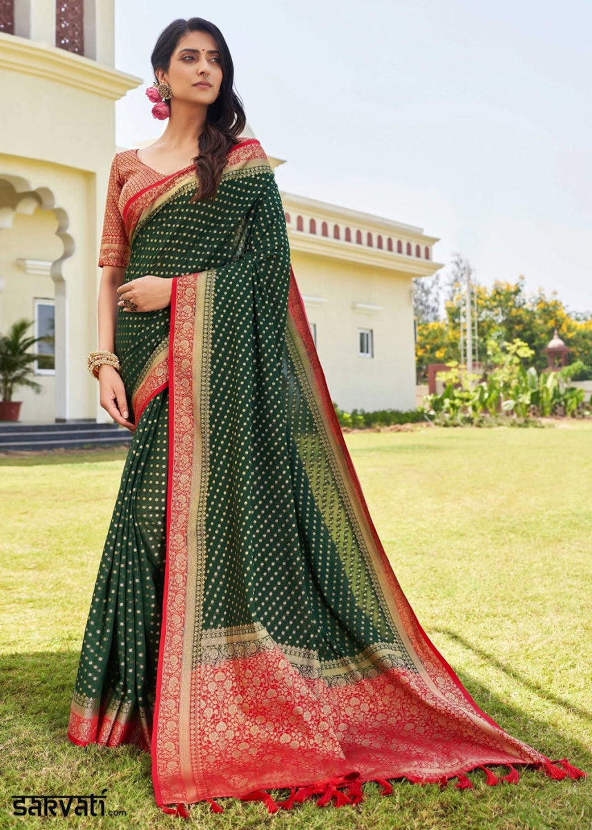 Brunswick Green Georgette Silk Saree with Ornate Zari Border & Pallu - House of Sarvati LLC