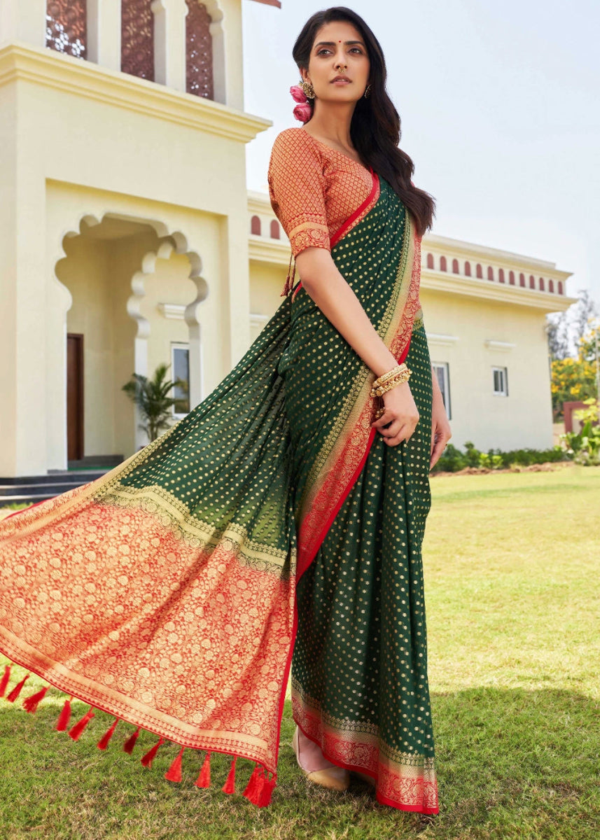 Brunswick Green Georgette Silk Saree with Ornate Zari Border & Pallu - House of Sarvati LLC