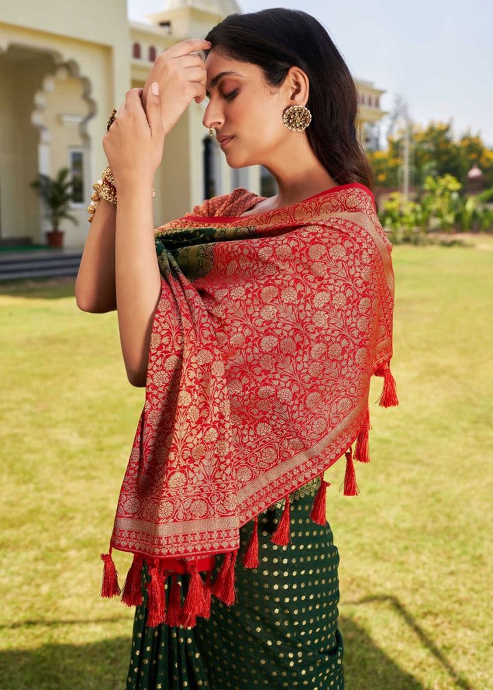 Brunswick Green Georgette Silk Saree with Ornate Zari Border & Pallu - House of Sarvati LLC