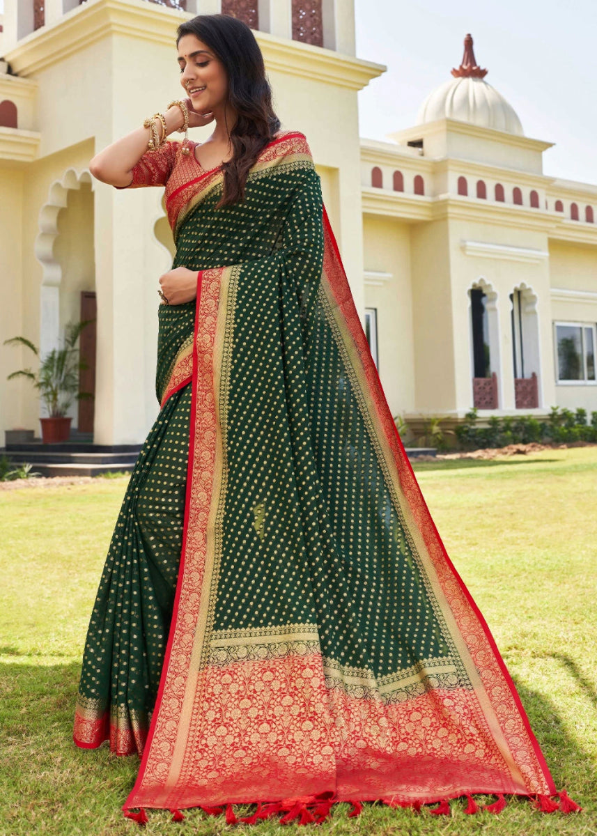 Brunswick Green Georgette Silk Saree with Ornate Zari Border & Pallu - House of Sarvati LLC