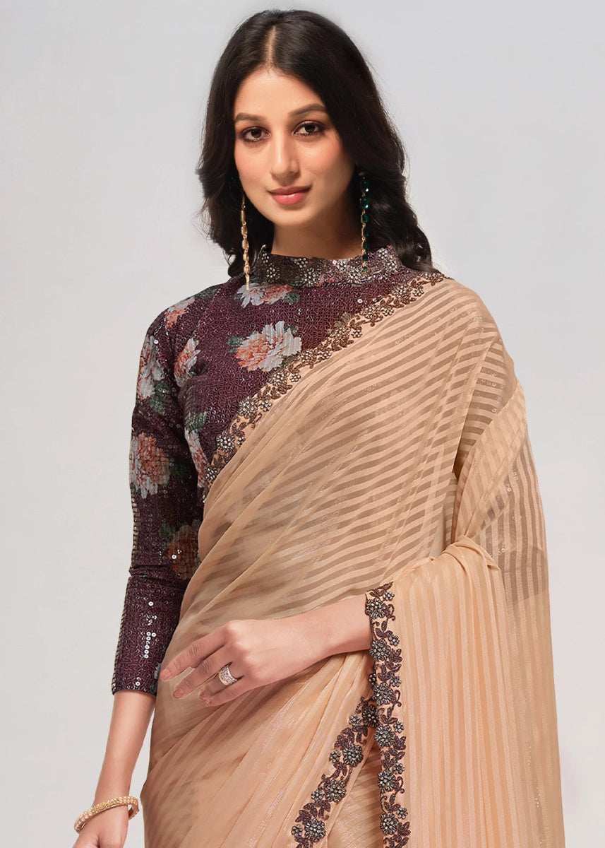 Buff Brown Georgette Saree with Fine Embroidery on Border - House of Sarvati LLC