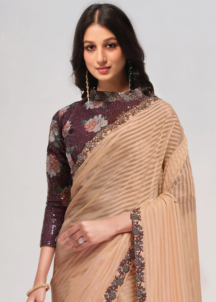 Buff Brown Georgette Saree with Fine Embroidery on Border - House of Sarvati LLC