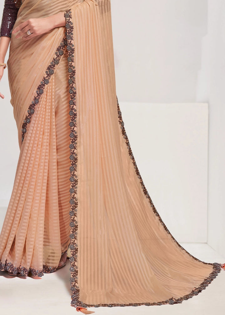 Buff Brown Georgette Saree with Fine Embroidery on Border - House of Sarvati LLC
